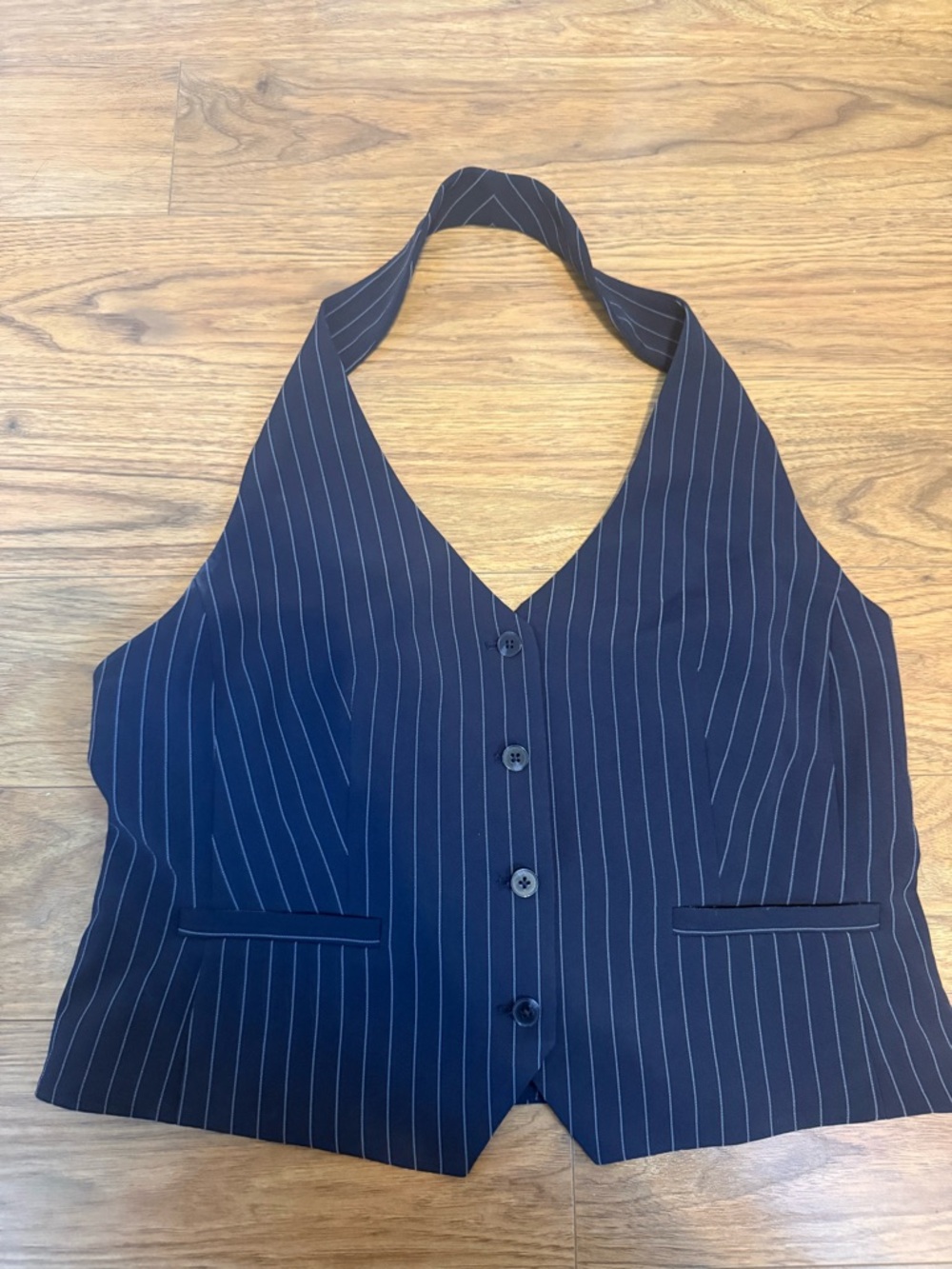 Navy Pinstripe Halter Vest Top